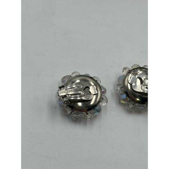 Vintage Unsigned Crystal AB Sunburst Snowflake Round Clip On Earrings - Picture 7 of 8